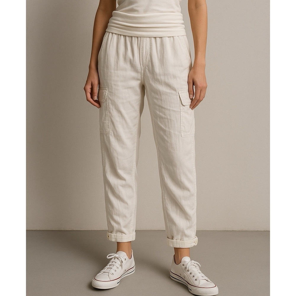 Pure DKNY Cargo Pants Womens Size S White Linen Fold Over Waist Straight Leg